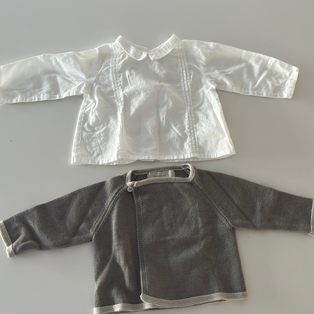 Bonnet a pompon set. Classic white button down shirt and a matching cardigan.